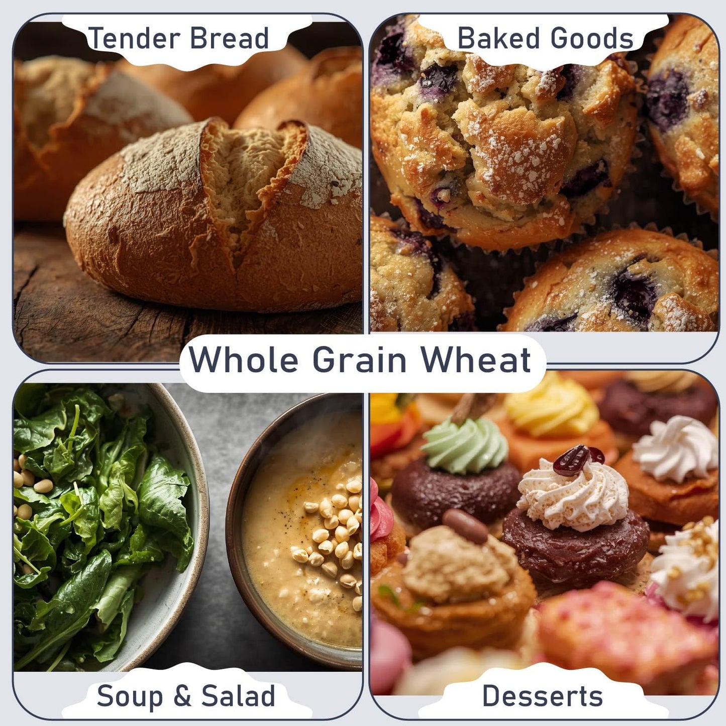 Organic Soft White Wheat Berries from Great River Milling shown in bread baked goods soup salad and desserts