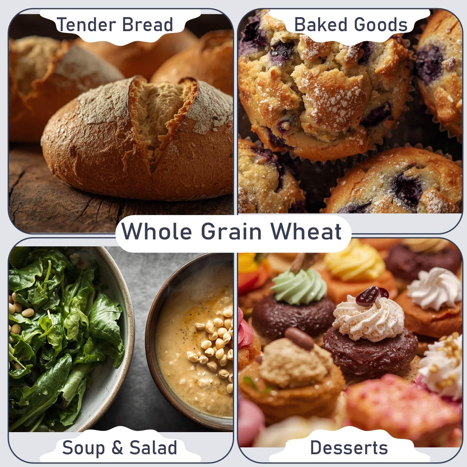 Organic Soft White Wheat Berries from Great River Milling shown in bread baked goods soup salad and desserts