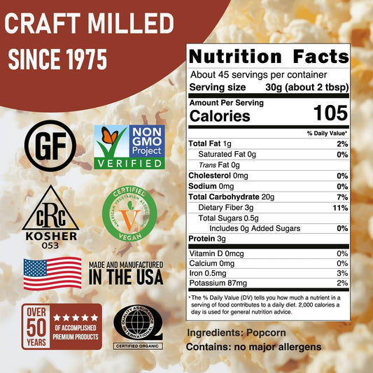 The packaging features the Great River Milling logo and emphasizes "Craft Milled Since 1975." It highlights certifications like Non-GMO, Kosher, and Vegan. Nutritional facts are displayed prominently