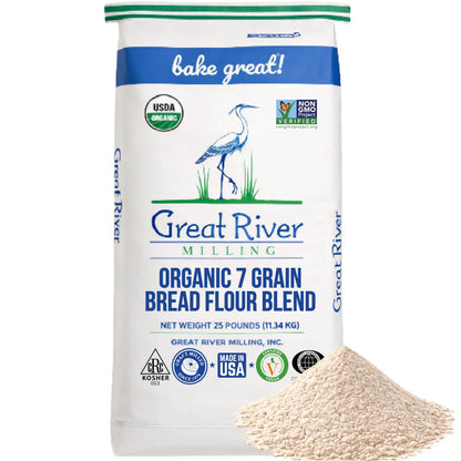 Organic 7-Grain Bread Flour bag from Great River Milling with a mound of flour beside it