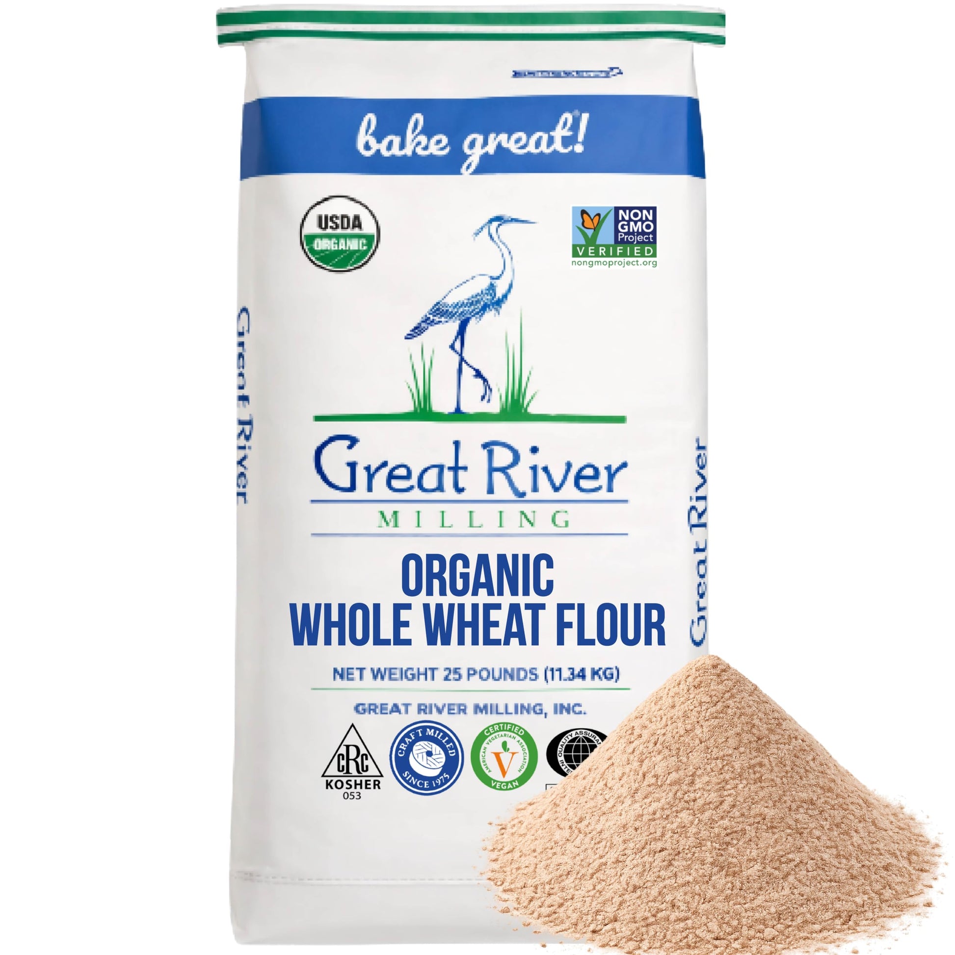 Organic Whole Wheat Flour bag by Great River Milling with a pile of whole grain flour