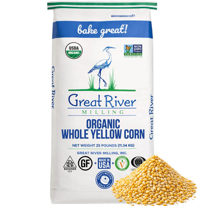 Organic Whole Corn bag of dried yellow corn kernels from Great River Milling