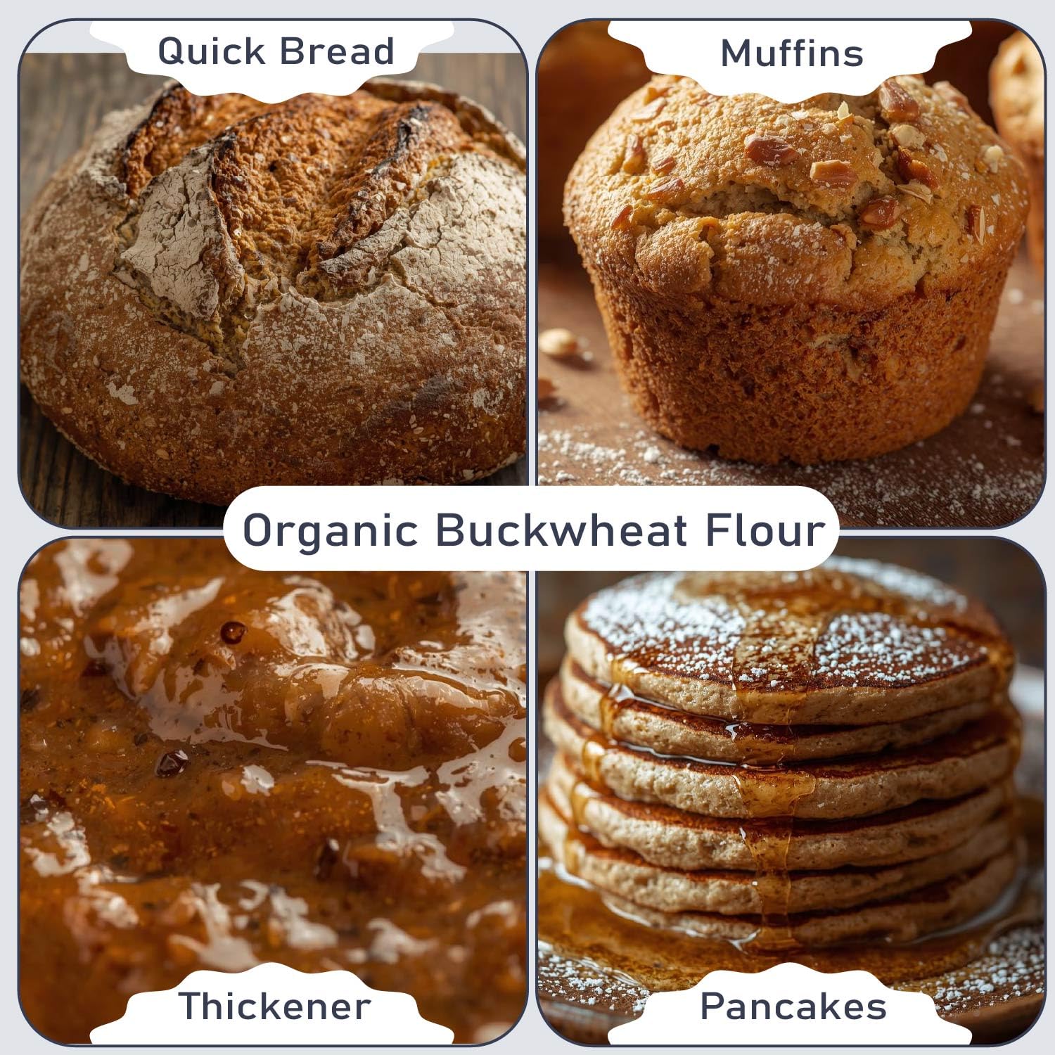 Four images showcase different uses of Organic Buckwheat Flour, featuring a rustic loaf of bread, a nutty muffin, a thick sauce, and a stack of syrup-drizzled pancakes