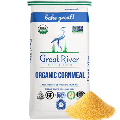Organic Medium Grind Cornmeal by Great River Milling in a large bag beside yellow cornmeal