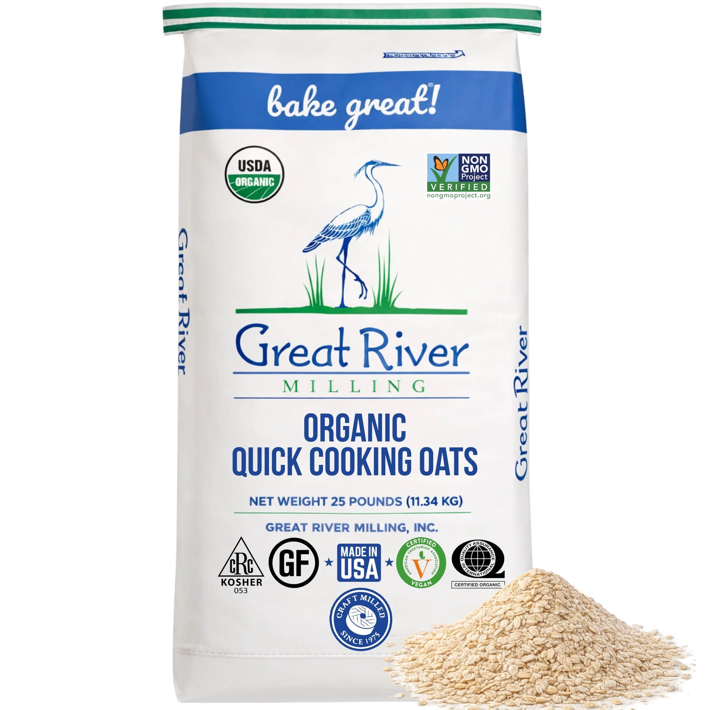 Organic Quick Cooking Rolled Oats bag from Great River Milling with a pile of oats