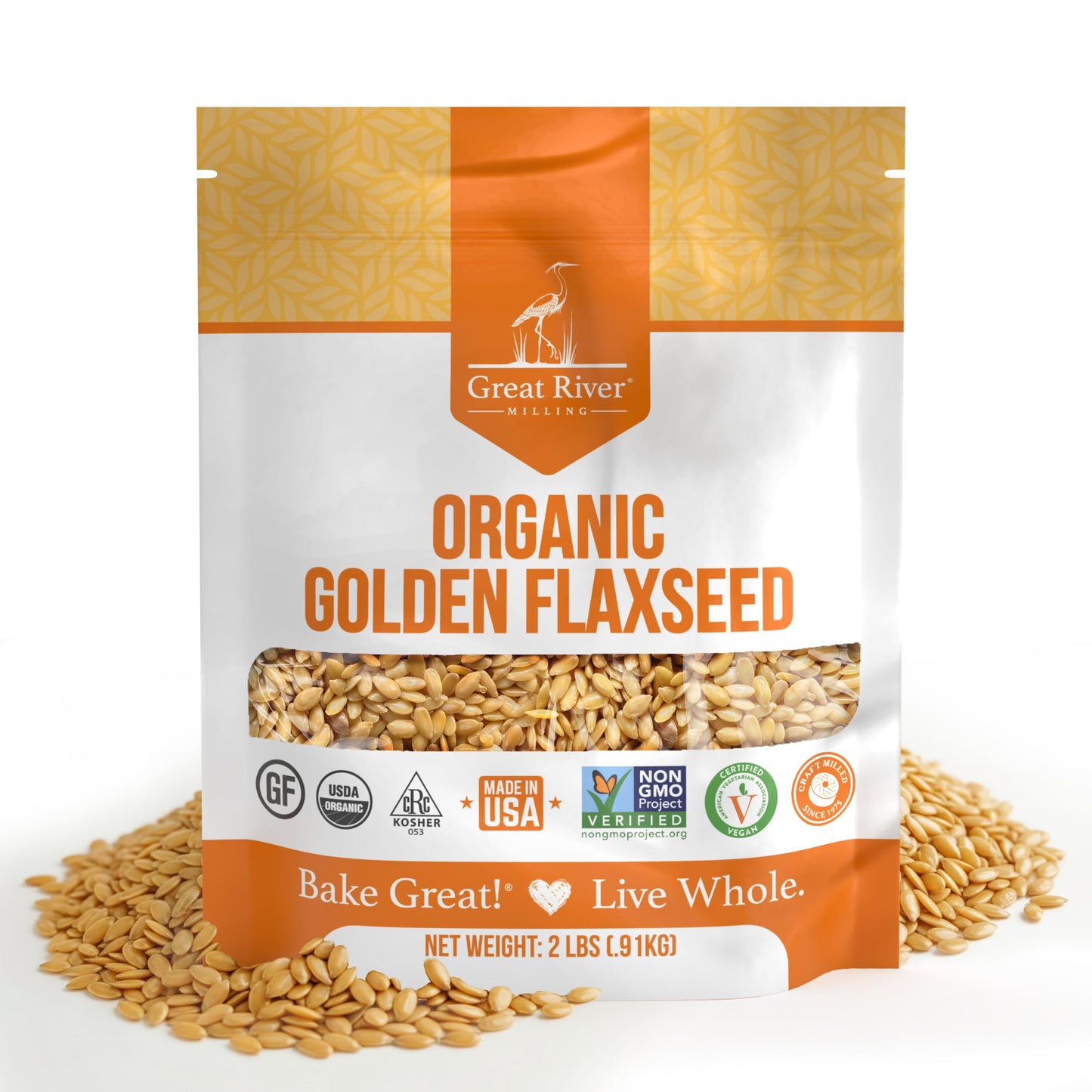 A 2 lb bag of Organic Golden Flaxseed from Great River Milling is displayed surrounded by whole flaxseed. The packaging, featuring an orange and white design, highlights certifications such as non-GMO, USDA Organic, and Vegan. Ideal for anyone looking for a bulk flaxseed option.