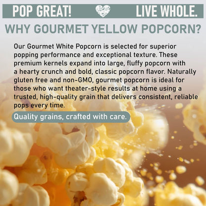 Great River Milling's Gourmet White Popcorn Kernels are shown popping into fluffy, light pieces against a blurred background, highlighting their tender texture