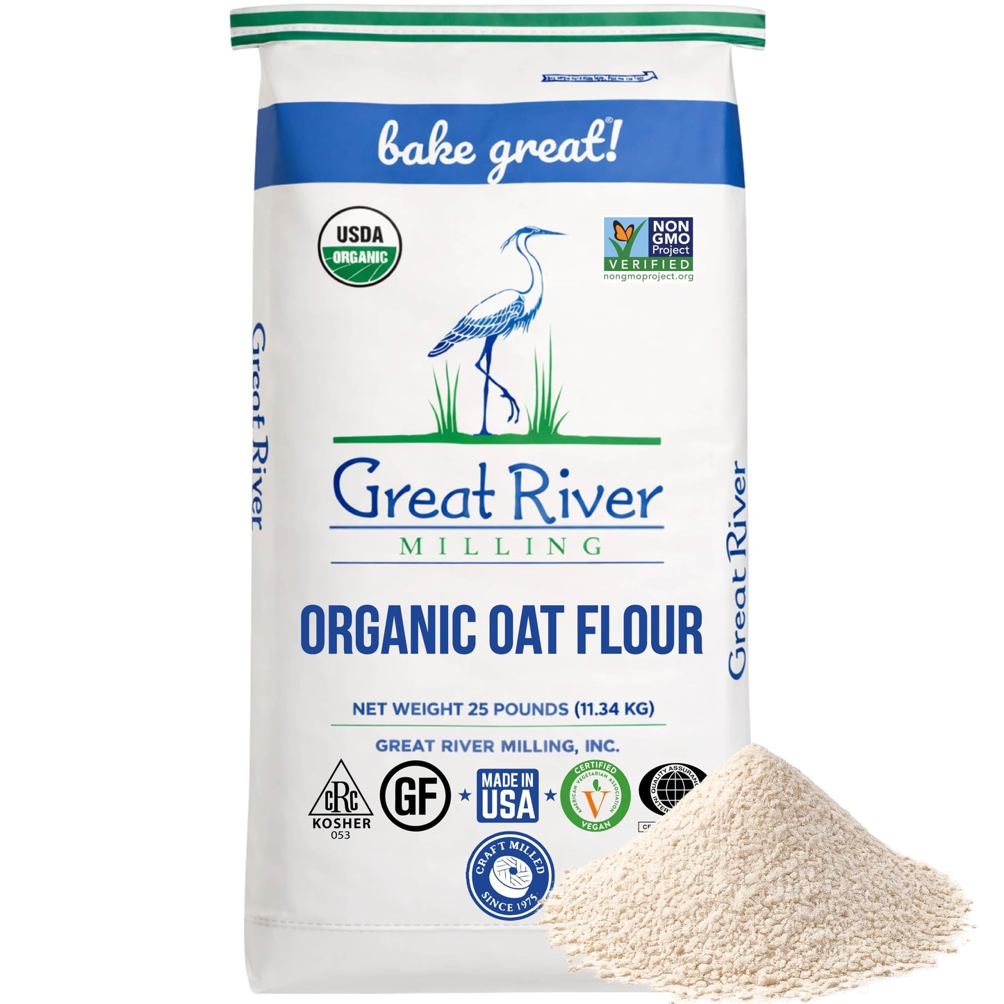A bag of Organic Oat Flour, certified USDA Organic and Non-GMO, is shown alongside a small pile of gluten-free, whole-grain oat flour. The packaging displays a blue heron illustration and the phrase “Bake great!” at the top.