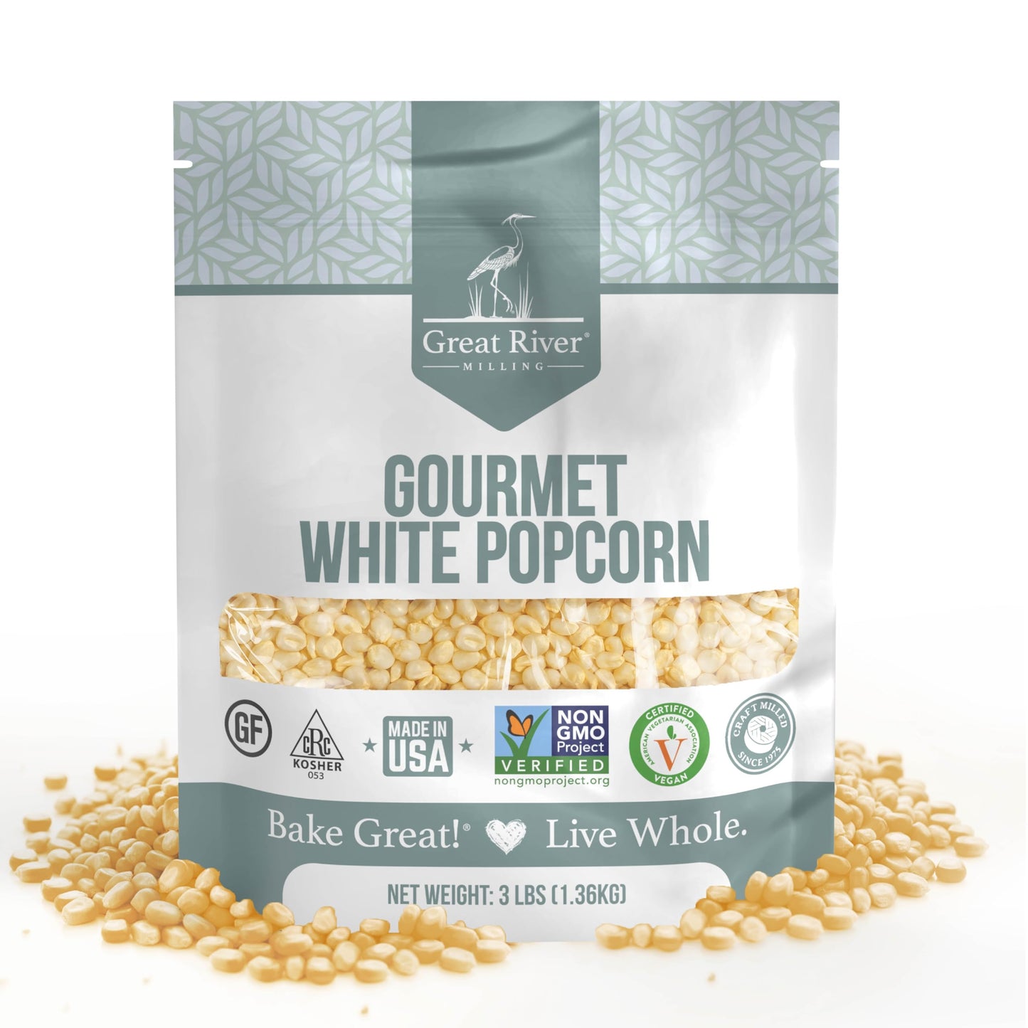 Great River Milling Gourmet White Popcorn Kernels in a 3 lb bag, featuring a clear window revealing the kernels. The packaging is adorned with various certification logos