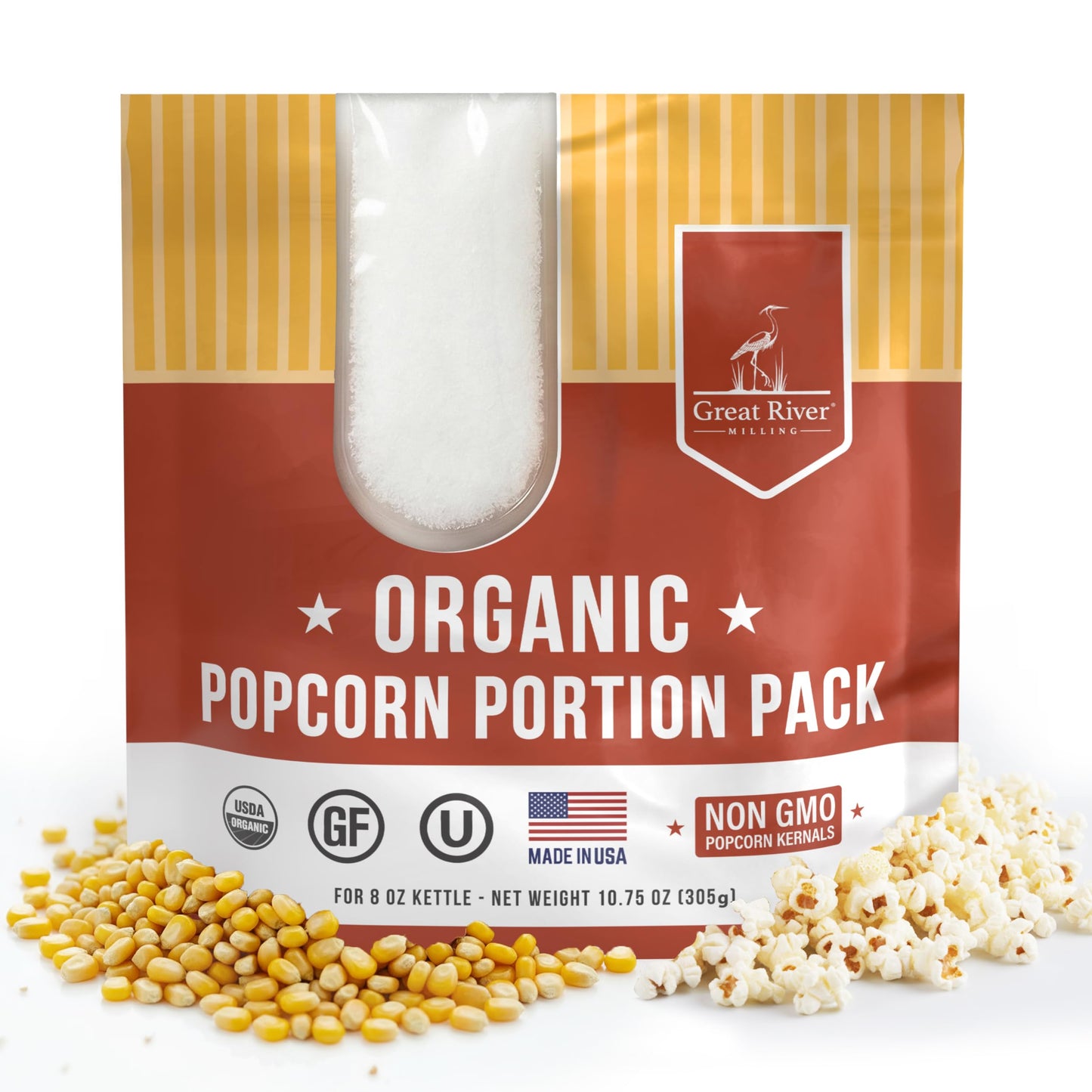 A red and yellow bag labeled Popcorn Portion Pack — 8 oz Bags (24-Count), featuring images of popcorn and kernels as well as USDA Organic, GF, Non-GMO, and Made in USA logos—these convenient pre-measured bags provide high-quality popcorn kernels for fresh, delicious popcorn every time.