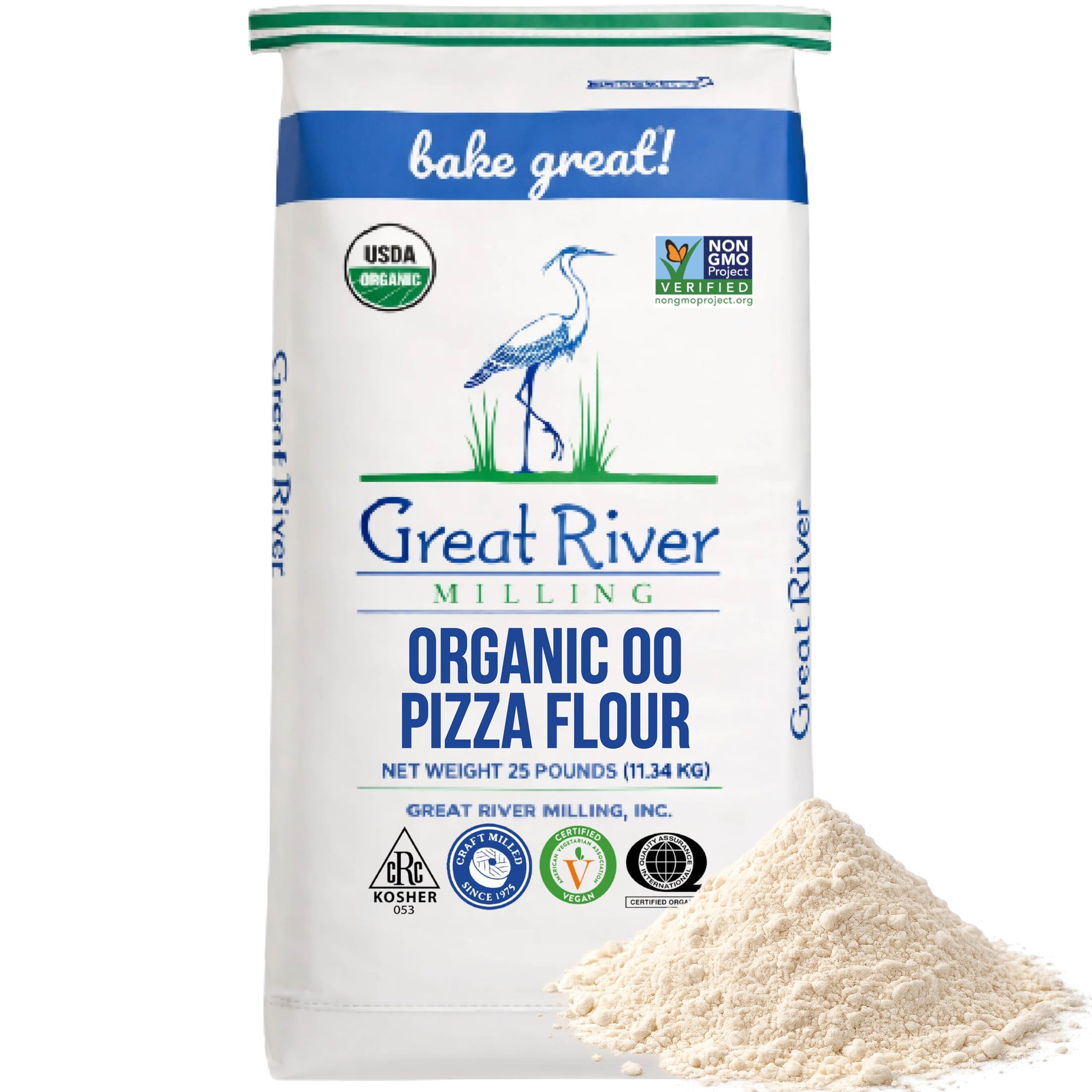 A 25-pound bag of Organic 00 Pizza Flour—perfect for crafting authentic Neapolitan-style pizza crust—displays a crane illustration, certification logos, and a mound of flour on the front. The packaging is marked with “bake great!” and prominently features its non-GMO and USDA organic wheat flour credentials.