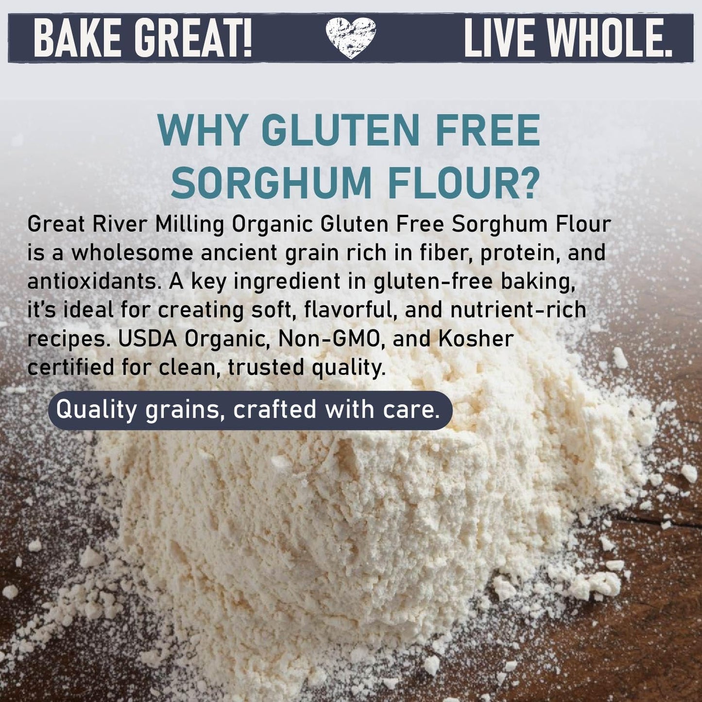 A mound of organic sorghum flour is spread on a wooden surface, with text highlighting its gluten-free and nutrient-rich qualities. The background features promotional text