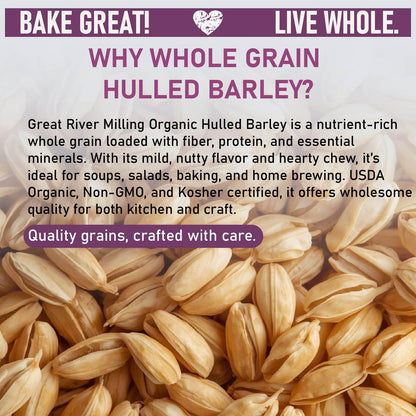 A close-up of Great River Milling Organic Hulled Barley grains, showcasing their light tan color and smooth, oval shape, with text highlighting their nutrient-rich, glyphosate-free qualities