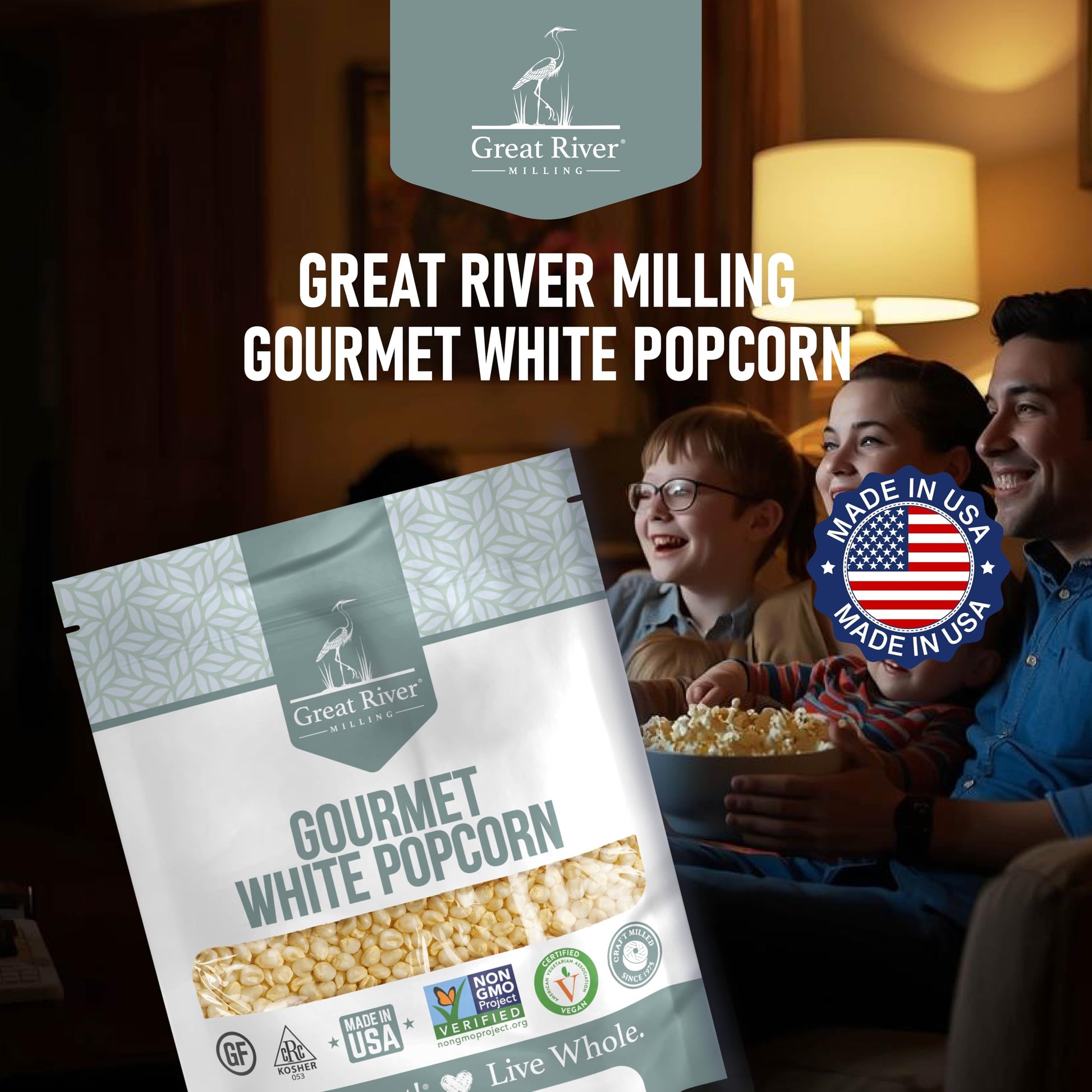 The Great River Milling Gourmet White Popcorn Kernels package is prominently displayed, with a family enjoying popcorn in a cozy, warmly lit room in the background
