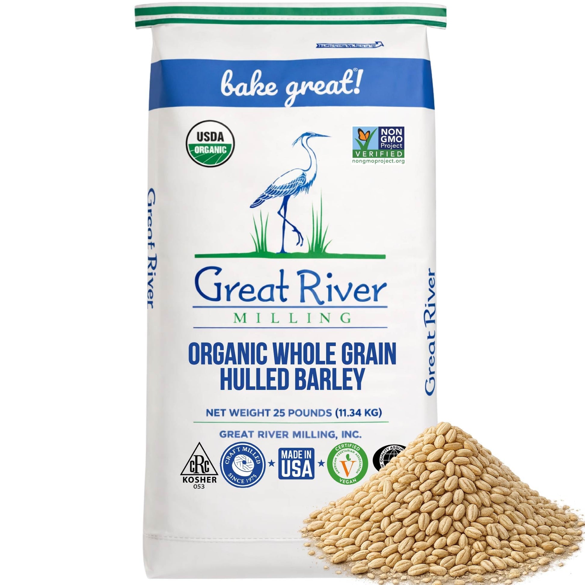 A 25 lb bag of Great River Milling Organic Hulled Barley is shown, featuring a white bag with blue and green branding and a crane illustration, alongside a small mound of barley grains