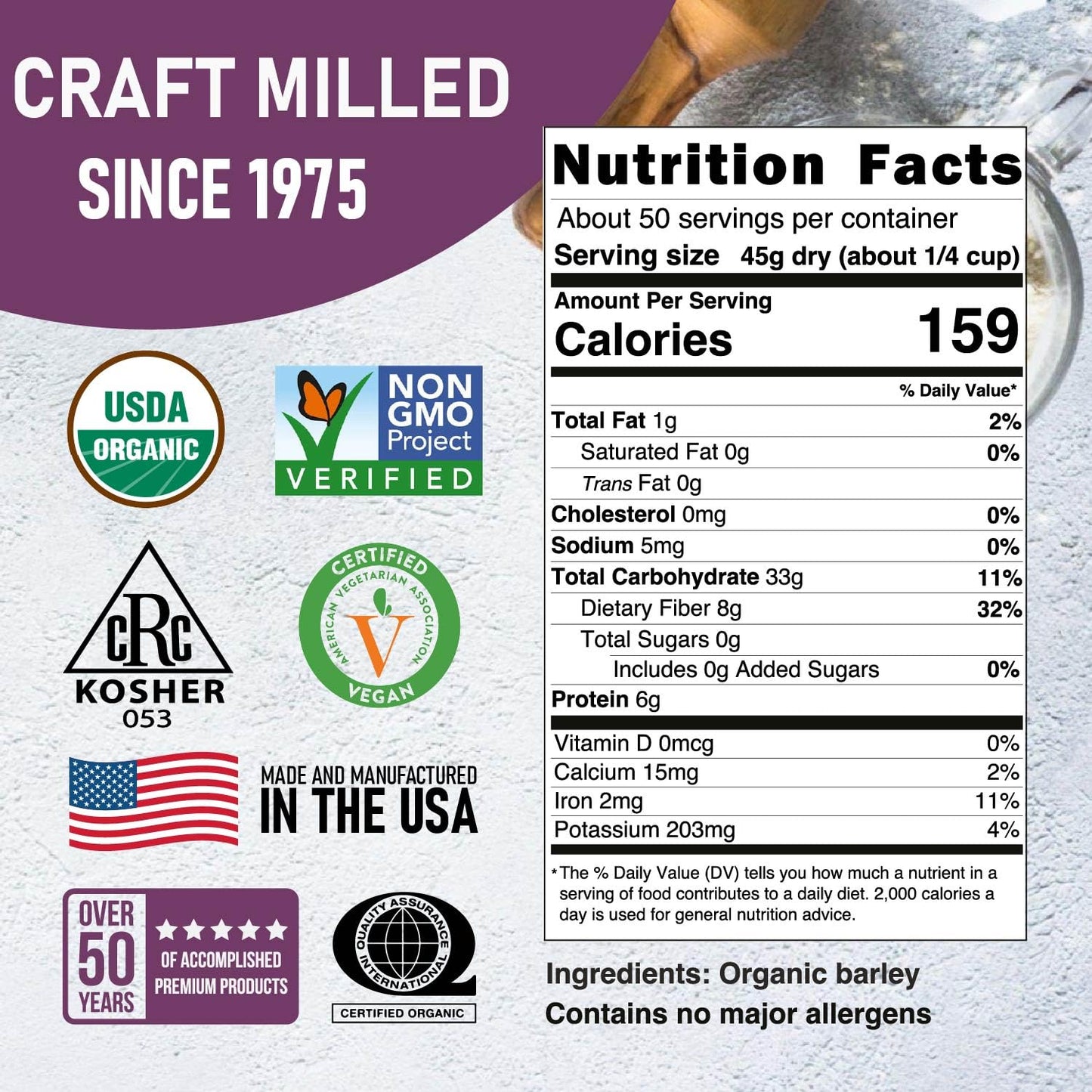 The image shows a detailed product label for Great River Milling's Organic Hulled Barley, highlighting certifications like USDA Organic and Non-GMO Project Verified, along with nutrition facts