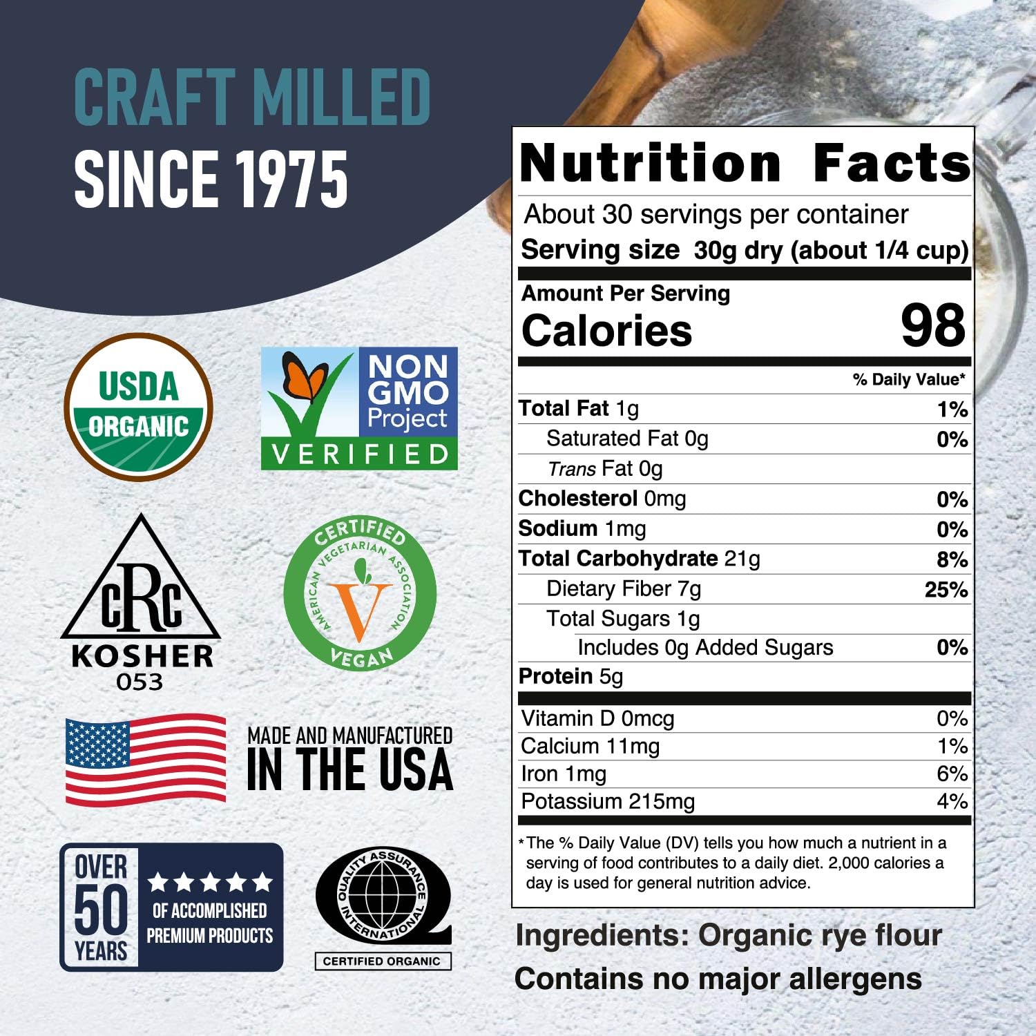 A detailed label for Great River Milling Organic Dark Rye Flour features various certifications, including USDA Organic, Non-GMO Project Verified, and Kosher. Nutritional information and ingredient details are prominently displayed