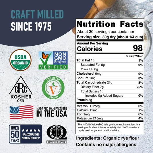 A detailed label for Great River Milling Organic Dark Rye Flour features various certifications, including USDA Organic, Non-GMO Project Verified, and Kosher. Nutritional information and ingredient details are prominently displayed