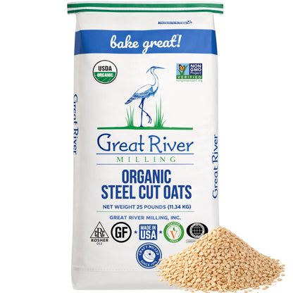 Great River Milling Organic Steel Cut Oats bag with a pile of oats beside it