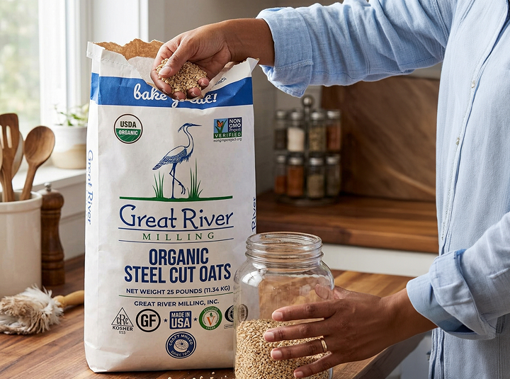 A person wearing a light blue shirt pours organic steel cut oats from a large bag labeled Great River Milling into a glass jar on a wooden countertop.