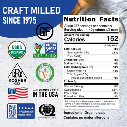 A nutrition label for Great River Milling Organic Extra Thick Rolled Oats features certifications like USDA Organic, Non-GMO Project Verified, and Certified Vegan against a blue background