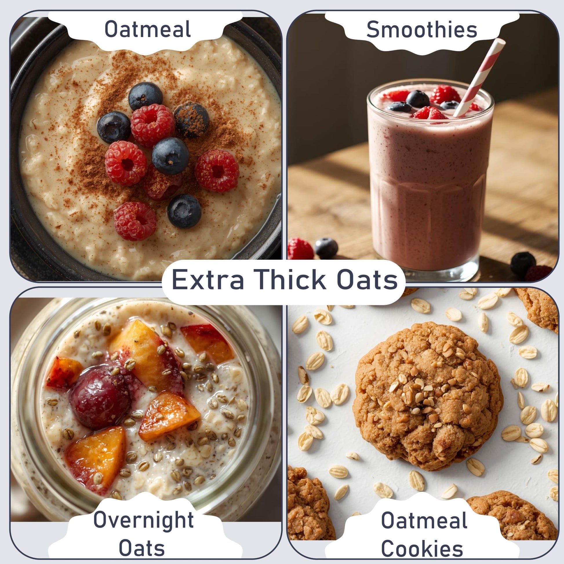 Four images showcase the versatility of Great River Milling Organic Extra Thick Rolled Oats: oatmeal with berries, a smoothie, overnight oats with fruit, and oatmeal cookies