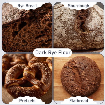 Four images showcase baked goods made with dark rye flour: a crusty rye bread, a rustic sourdough, golden pretzels, and a hearty round flatbread