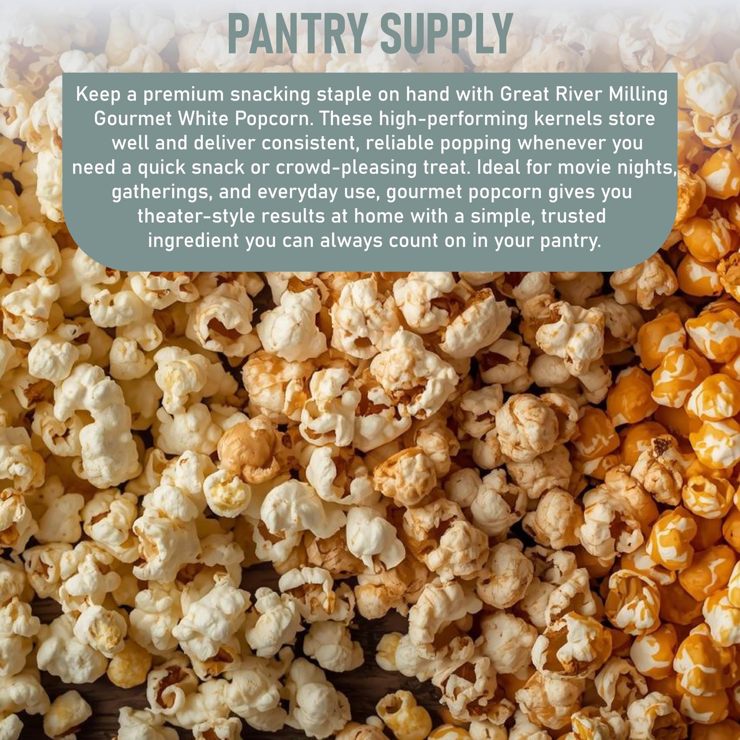 Great River Milling Gourmet White Popcorn Kernels scattered on a wooden surface, showcasing their small, tender, and crisp appearance with a mix of popped and unpopped kernels
