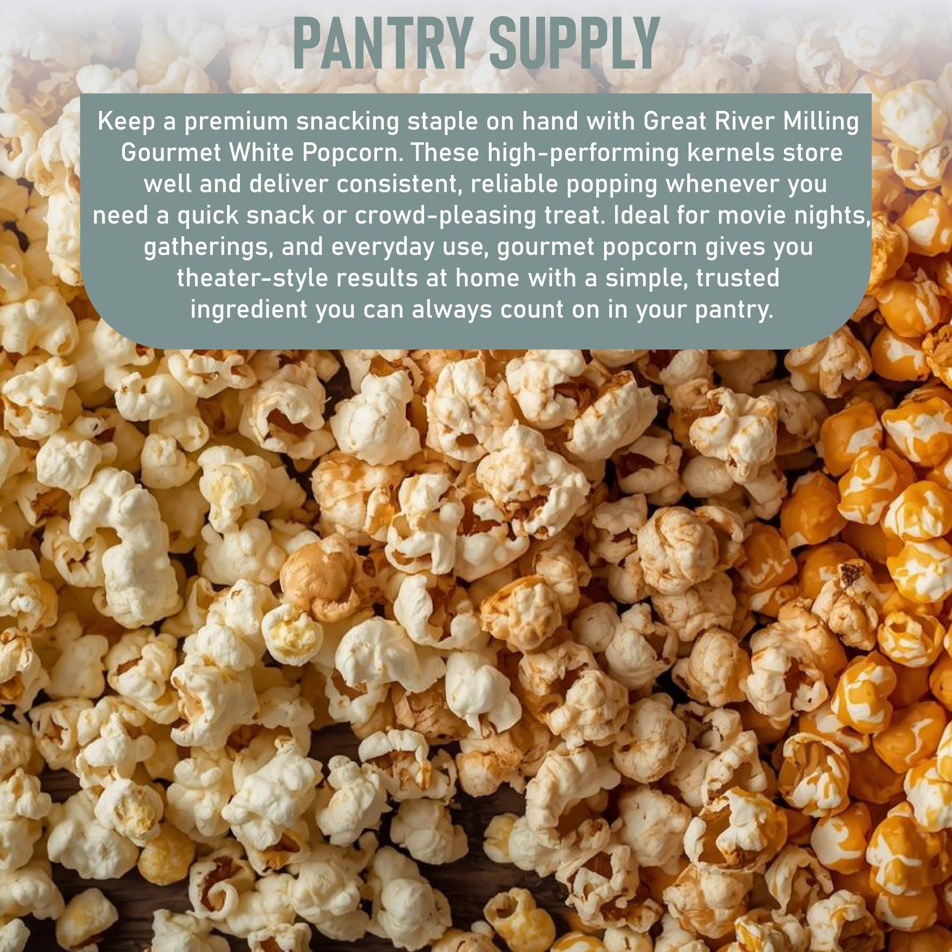Great River Milling Gourmet White Popcorn Kernels scattered on a wooden surface, showcasing their small, tender, and crisp appearance with a mix of popped and unpopped kernels