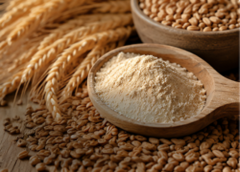 Wooden spoon filled with wheat flour surrounded by wheat grains and stalks