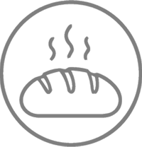 Hot dog icon with three steaming lines above a bun, outlined in white on a dark background