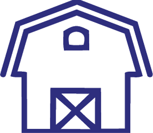 Warehouse building icon in dark and light blue with an X symbol inside the central panel