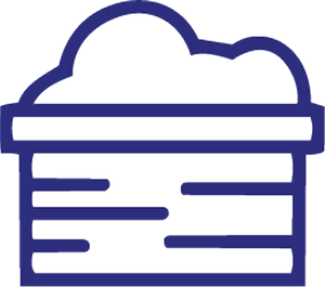 Warehouse building icon with a blue outline and a rectangular sign bar across the front