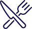 An illustration of a knife and fork crossed over each other, symbolizing dining or food-related themes. The design features a simple, modern aesthetic with a blue outline on a transparent background.