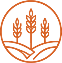 Orange wheat and grain icon inside a circular emblem with layered stalks and curved lines on a dark background