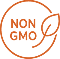 Non GMO label with orange circular outline and checkmark, with the words Non GMO in the center