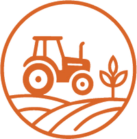 Orange farm tractor icon with a wheat stalk and circular border, showing simple line art on a white field