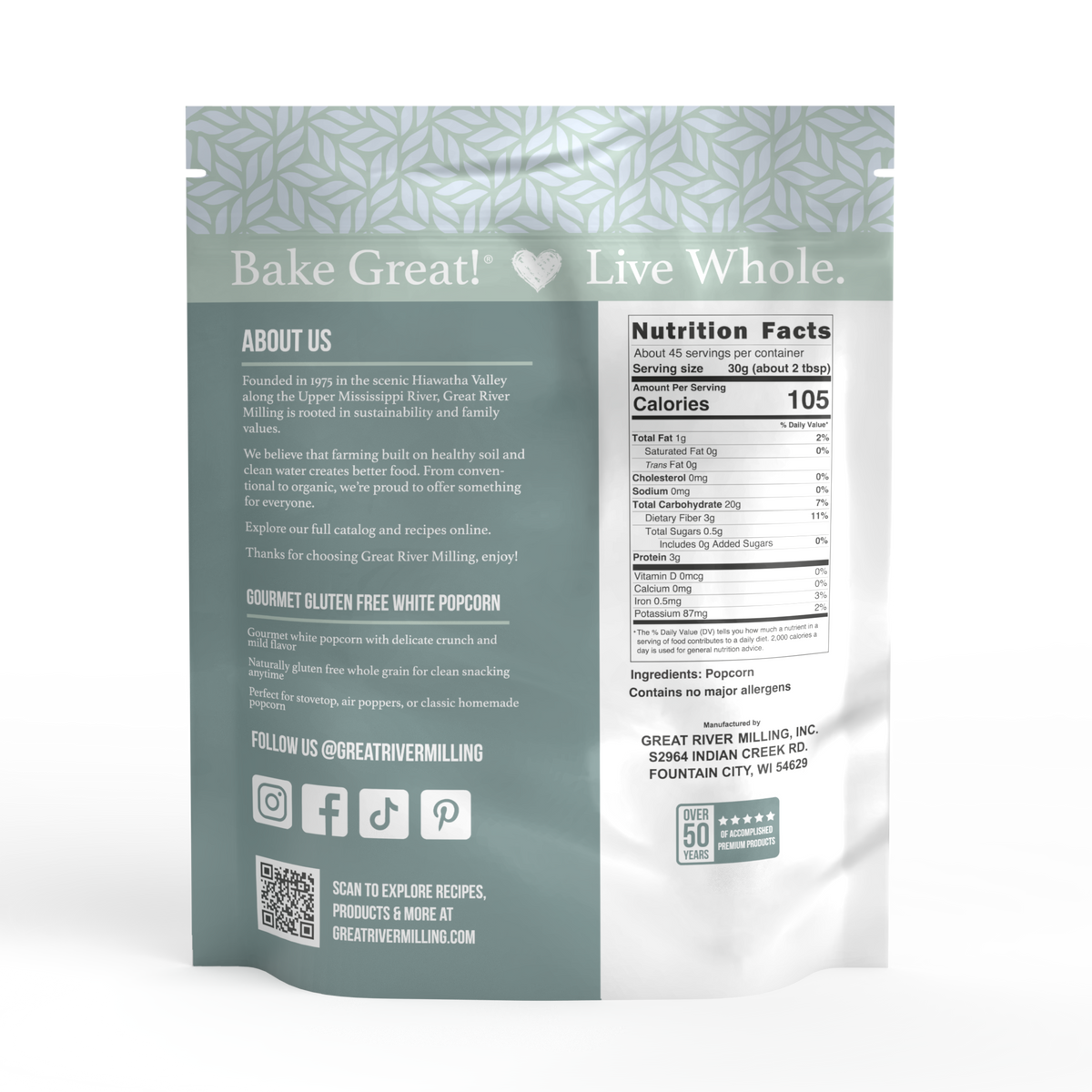 Nutrition Facts and ingredients for Gourmet White Popcorn Kernels, 3 lb — Great River Milling.