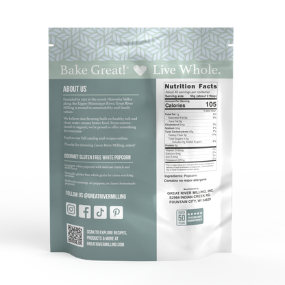 Nutrition Facts and ingredients for Gourmet White Popcorn Kernels, 3 lb — Great River Milling.