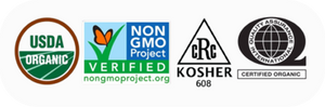 Organic certification badges including USDA Organic, Non GMO Project Verified, CRC Kosher 608, and certified organic seal
