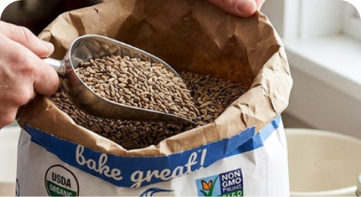 Hands holding a bag of grain seeds over a paper-lined container, with visible label text and blue stripe
