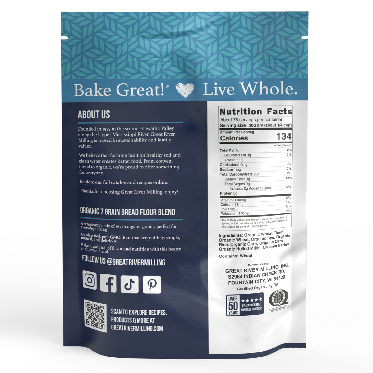 Nutrition Facts and ingredients for Organic 7-Grain Bread Flour, 5 lb — Great River Milling.