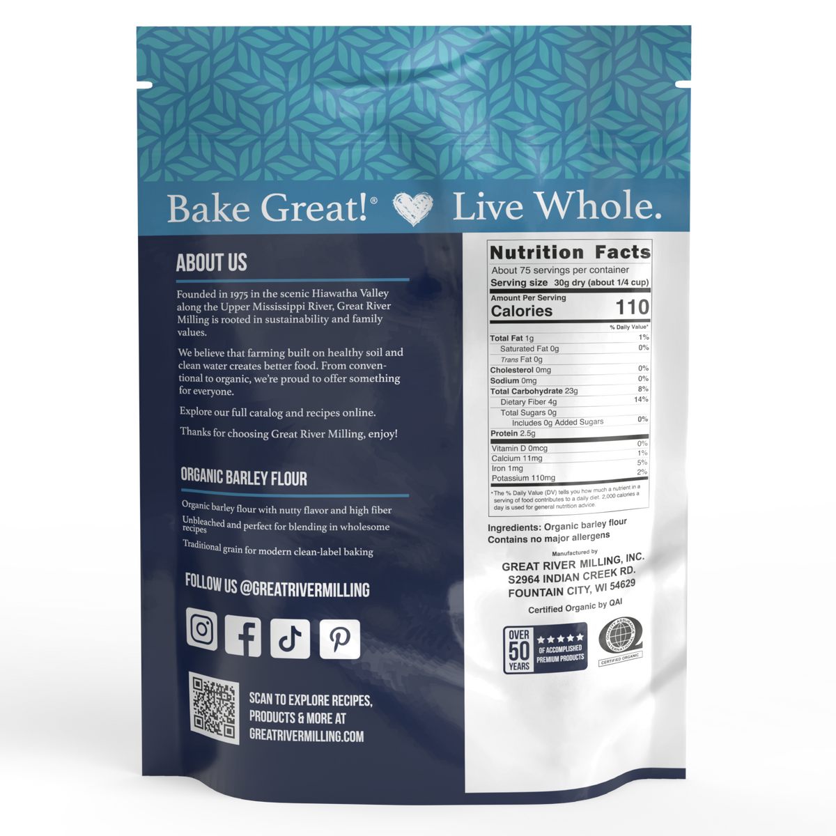 Nutrition Facts and ingredients for Organic Barley Flour, 5 lb — Great River Milling.