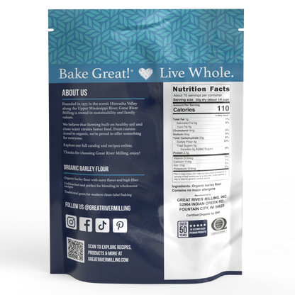 Nutrition Facts and ingredients for Organic Barley Flour, 5 lb — Great River Milling.