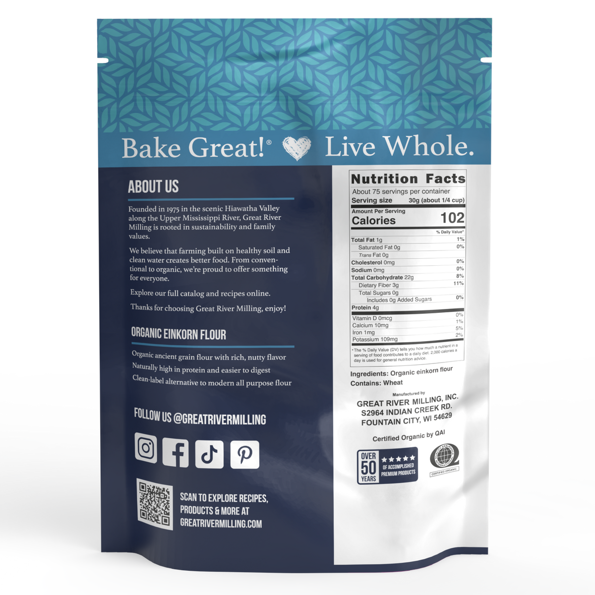 Nutrition Facts and ingredients for Organic Einkorn Flour, 5 lb — Great River Milling.