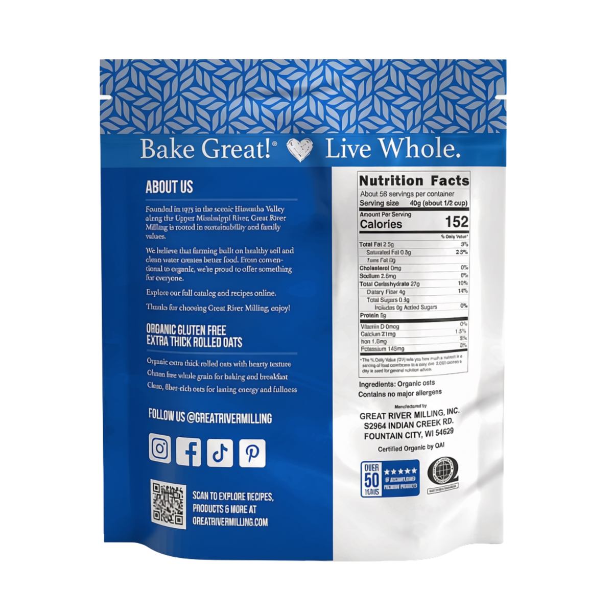 Nutrition Facts and ingredients for Organic Extra Thick Rolled Oats, 5 lb — Great River Milling.