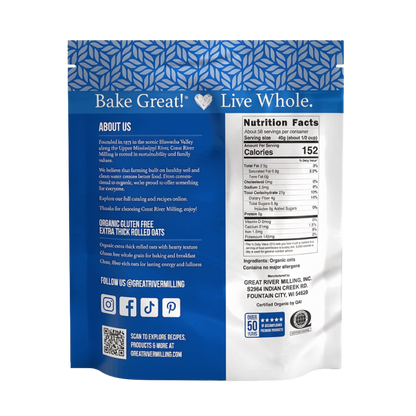 Nutrition Facts and ingredients for Organic Extra Thick Rolled Oats, 5 lb — Great River Milling.