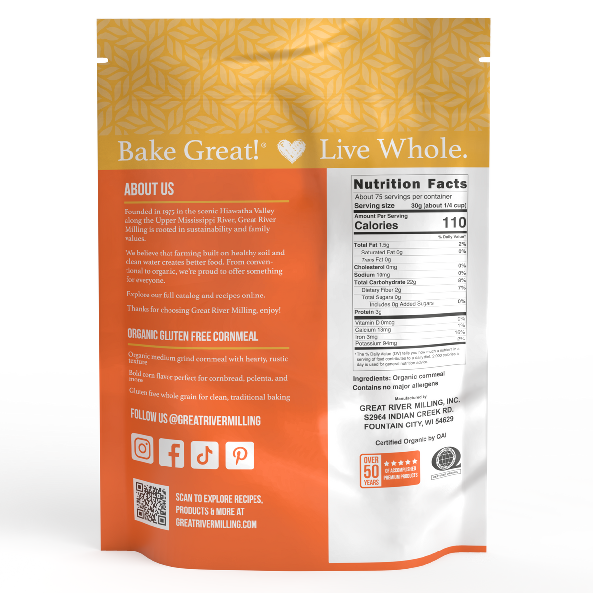 Nutrition Facts and ingredients for Organic Medium Grind Cornmeal, 5 lb — Great River Milling.