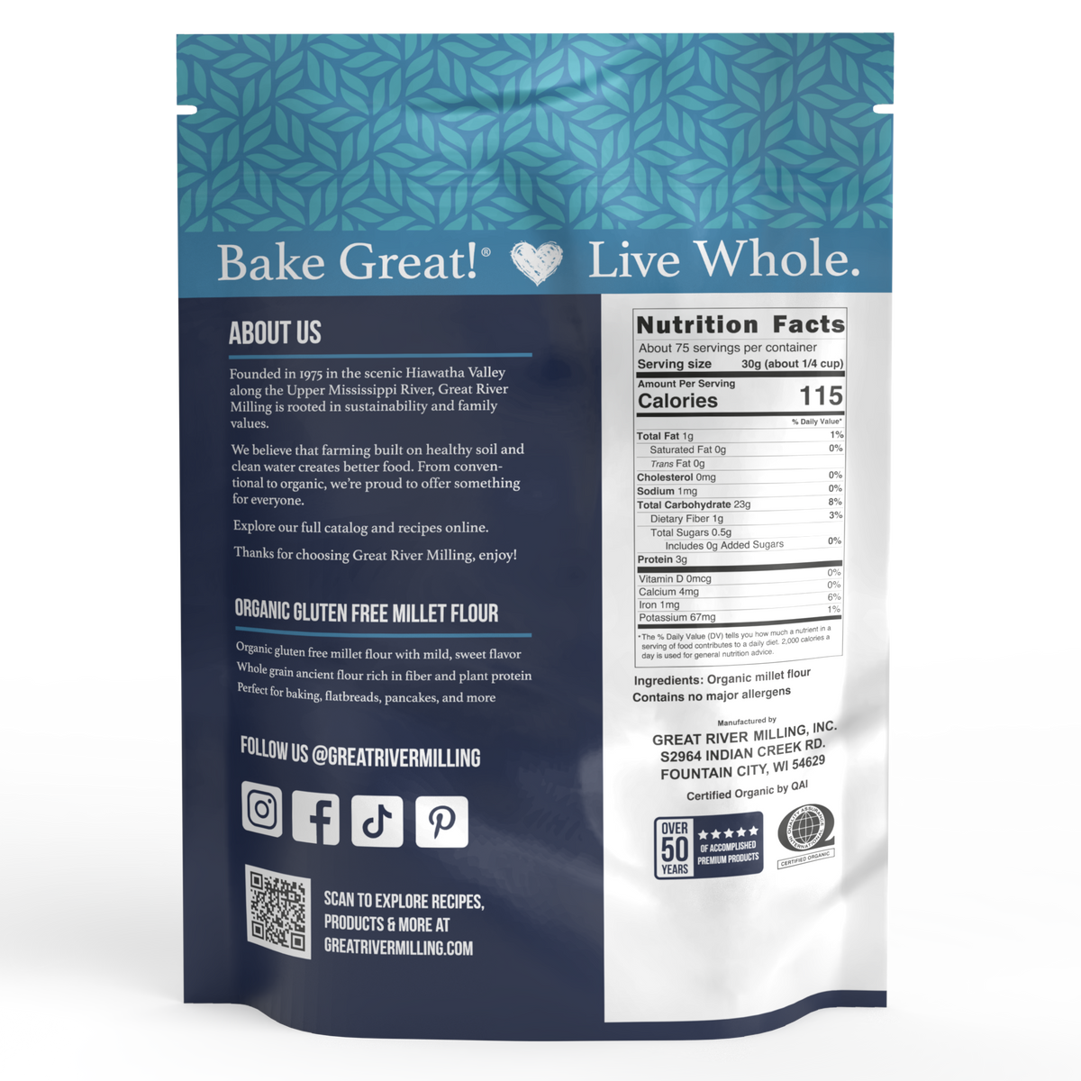Nutrition Facts and ingredients for Organic Millet Flour, 5 lb — Great River Milling.