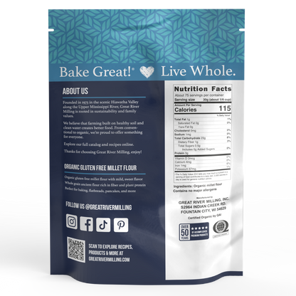 Nutrition Facts and ingredients for Organic Millet Flour, 5 lb — Great River Milling.